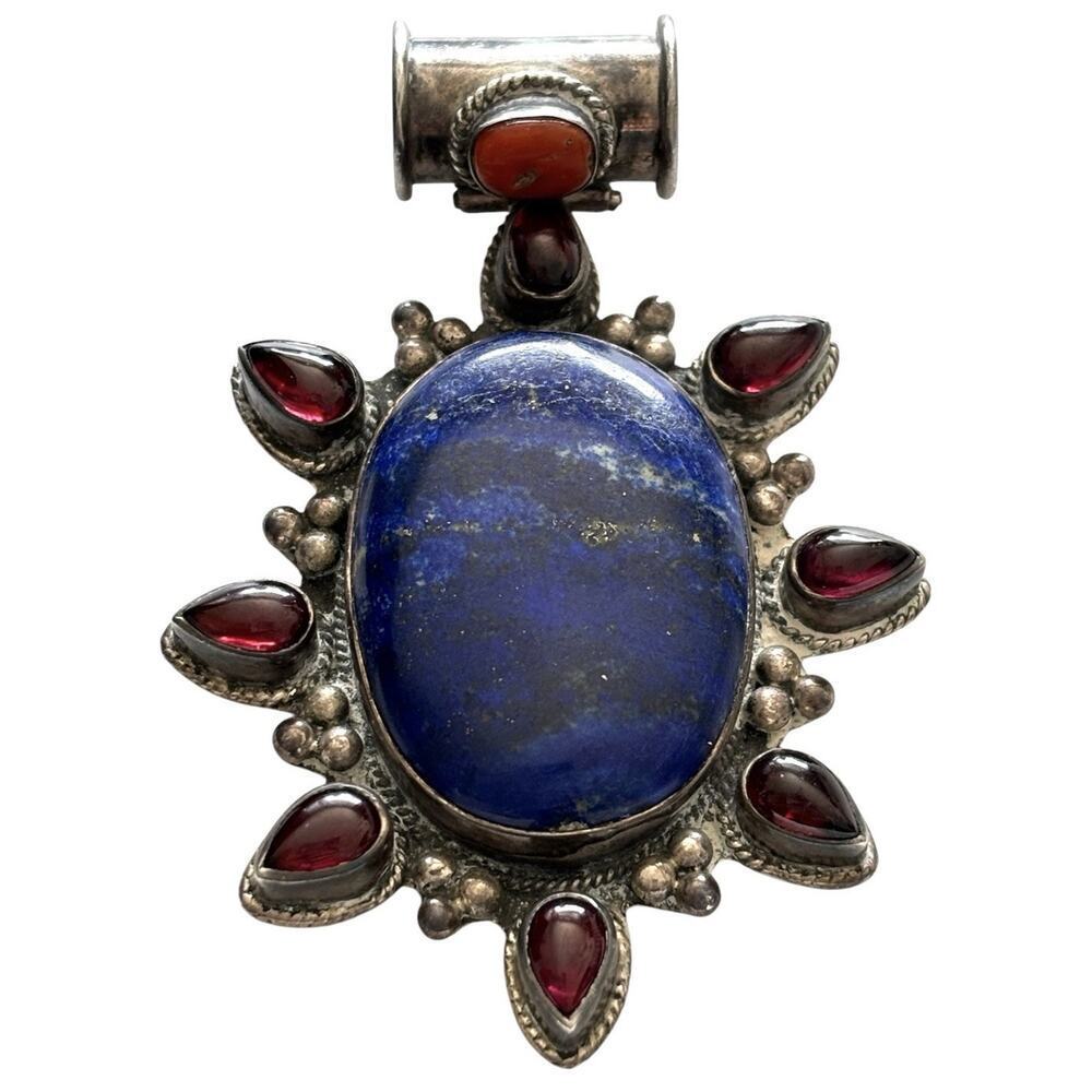 925 Sterling Silver Blue Lapis Red Coral Garnet Ornate Oval Pendant Native 40g